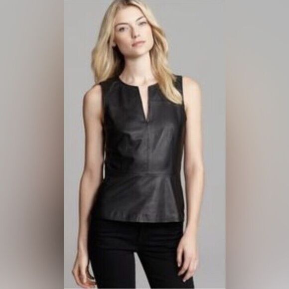 Theory-Black leather sleeveless V-neck top 100% Lamb Small - Picture 1 of 7